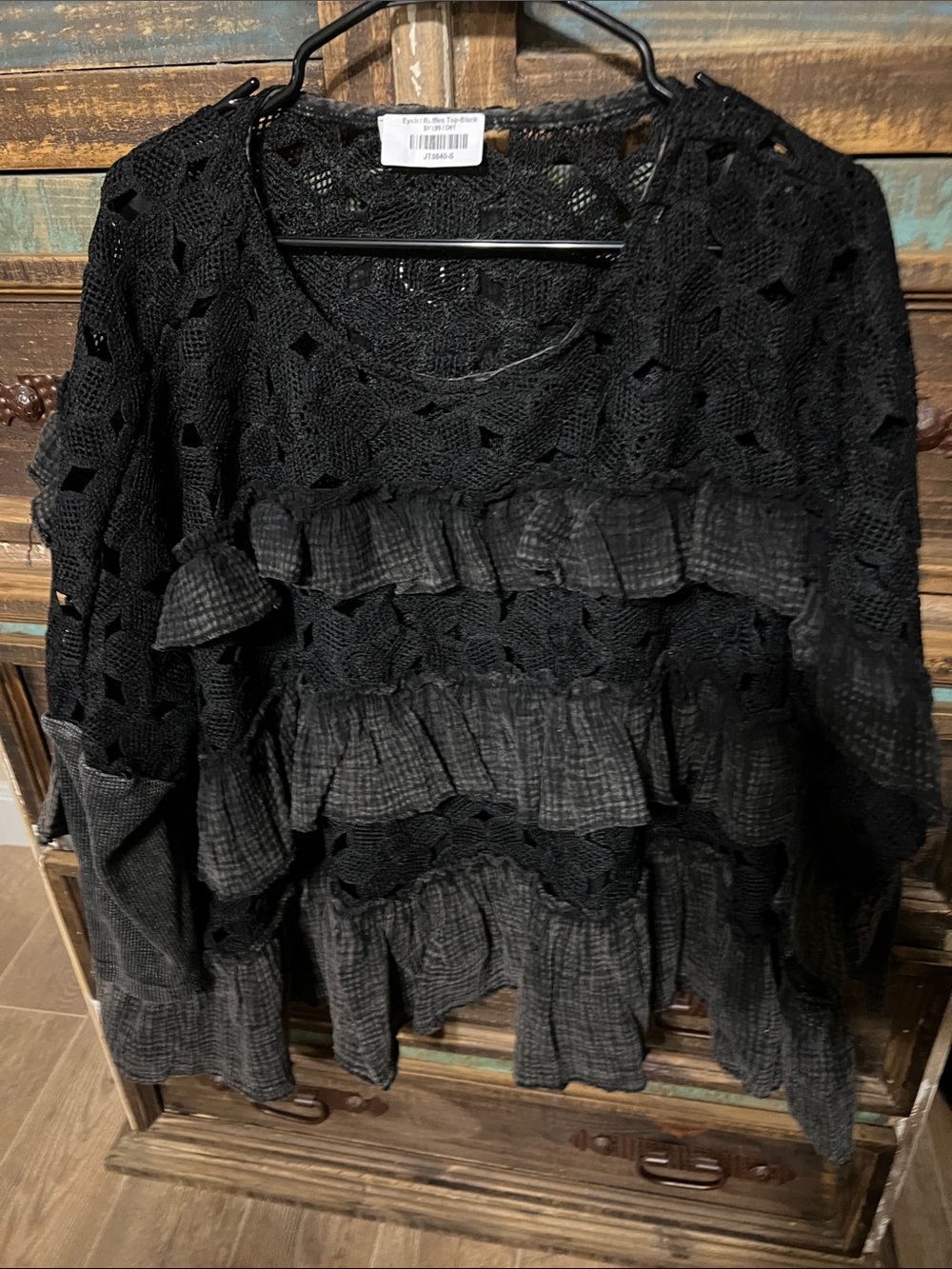 Black Ruffled Open-Knit Women’s Sweater
